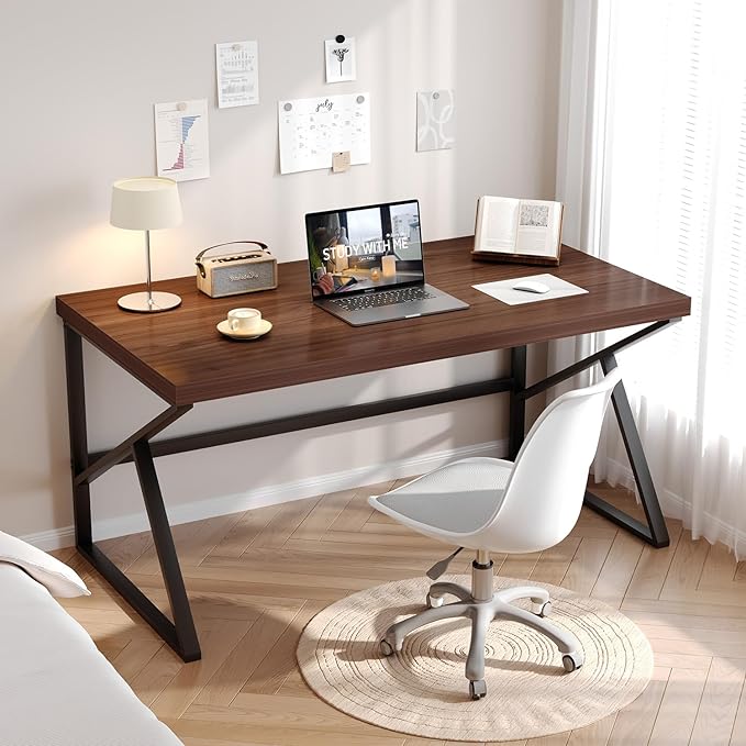 HSH Walnut Computer Desk, Industrial Modern Metal Wood Desk Workstation, Rustic Executive PC Laptop Work Desk Table for Home Office, Simple 55 Inch Writing Study Gaming Desk in Bedroom Living Room