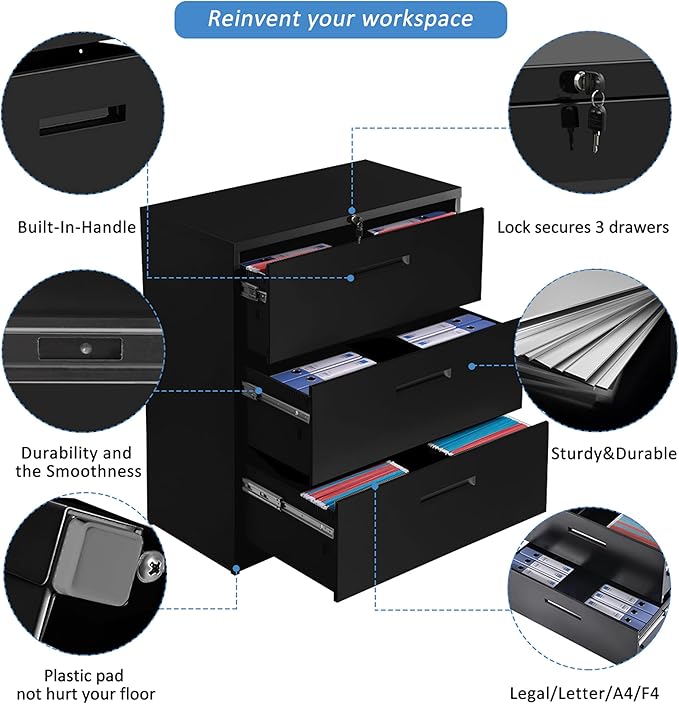 Lateral File Cabinet, 3 Drawers Metal Lockable Filing Cabinet for Commercial Grade Office Legal and Letter File (Black)