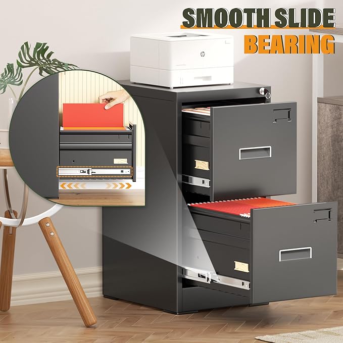 Greenvelly 2 Drawer File Cabinet with Lock, Lockable Vertical File Cabinets for Home Office, Black Metal Filing Cabinet for A4/Letter/Legal Size File, Easy Assemble