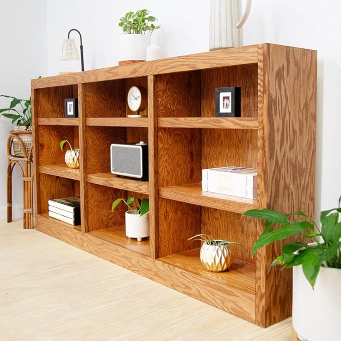 Concepts In Wood 36" Traditional Triple Wide Wood Bookcase with 6 Adjustable Shelves & 3 Fixed Shelves, Assembly Required, for Laundry/Bedroom/Kitchen/Garage/Office, in Dry Oak Finish