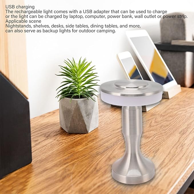 3W LED Table Lamp, 3 Color Temperatures Dimmable Rechargeable Cordless Desk Lamp, Portable Bedside Lamp with Touch Sensor for Dining Room (Silver)