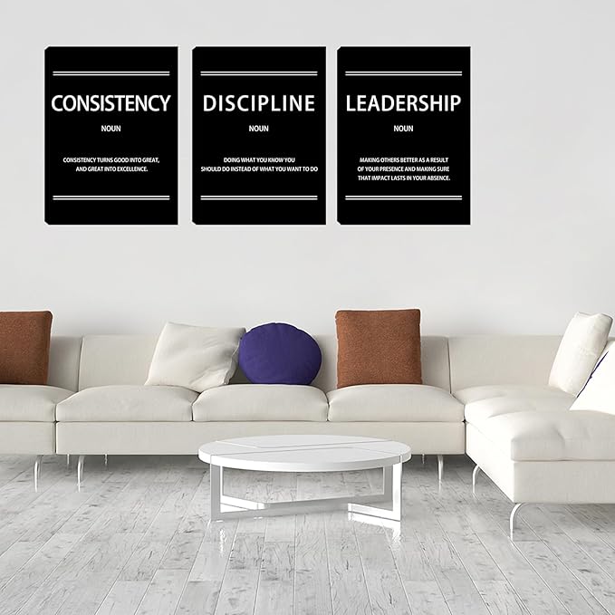 Halioyo 3 Pieces Motivational Inspirational Wall Art Decor - Consistency Discipline Leadership Poster, Positive Quote Artwork Wall Art for Workplace Office Bedroom Living Room, 12 x 16 inch