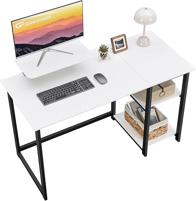 GreenForest Computer Desk with Monitor Stand,47 inch Home Office Desk with Reversible Storage Shelves,Modern Writing Desk Study PC Laptop Work Table,White