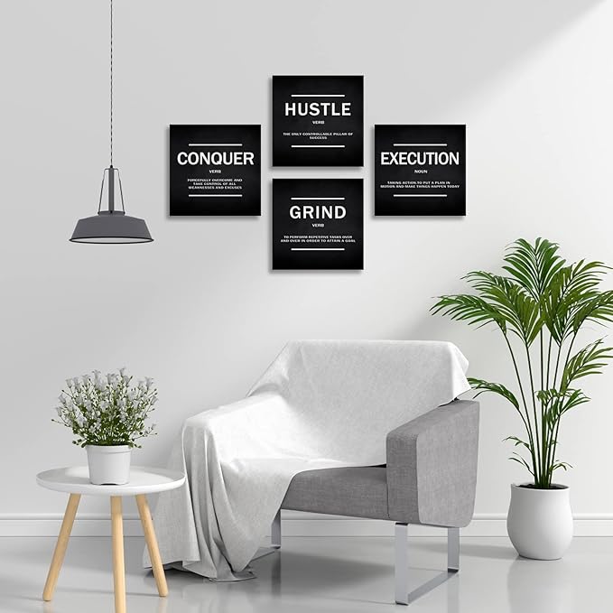 BWSPACE Grind Hustle Execution Conquer Entrepreneur Quotes Inspirational Wall Art Canvas Painting Decor for Office Bedroom Living Room(12" Wx12 Hx4pcs)