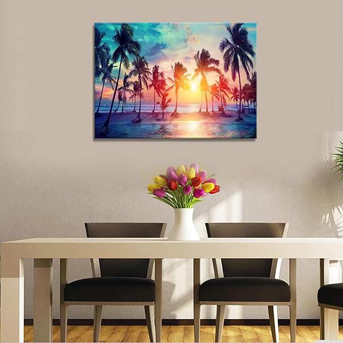 DZL Art S75569 Canvas Wall Art Palm Trees Silhouettes On Tropical Beach At Sunset Beach Seascape Painting Nature Pictures for Living Room Home Office Wall Decor Artwork