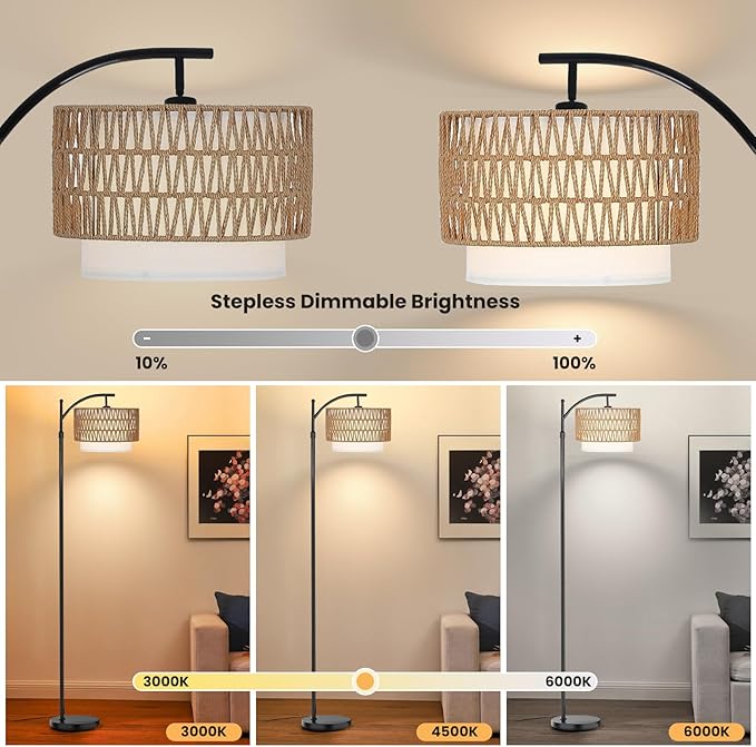 Arc Floor Lamp for Living Room,Farmhouse Floor Lamps with Remote Control & Dimmable Bulb,Rattan Boho Tall Standing Lamp for Bedroom Office