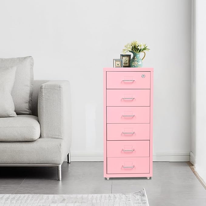 Vertical File Cabinets, 6 Tier Metal File Cabinet with Lock, Multi Drawer Cabinet for Home Office, Assembly Required (Pink)