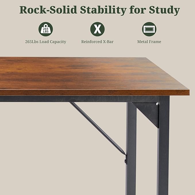 Computer Desk 63 Inch, Simple Large Home Office Desk Study Writing Table, Sturdy Metal Frame, Scratch-Resistant MDF Desktop for Bedroom Dorm Workspace, Brown