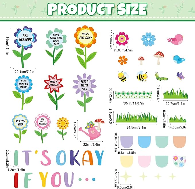 Spring Mental Health Bulletin Board Set Bloom Flower Classroom Decoration Inspirational Positive Affirmations Station Bulletin Board Cutouts for Motivational Office School Home Chalkboard Wall Decor