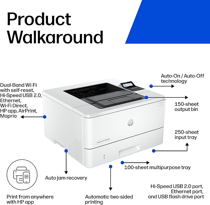HP LaserJet Pro 4001dw Wireless Black & White Printer, Best-for-Office (2Z601F)