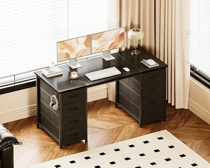 Casaottima 48 Inches Computer Desk with 8 Fabric Drawers, Modern Office Desk with Large Storage for Home Office, Study, Black