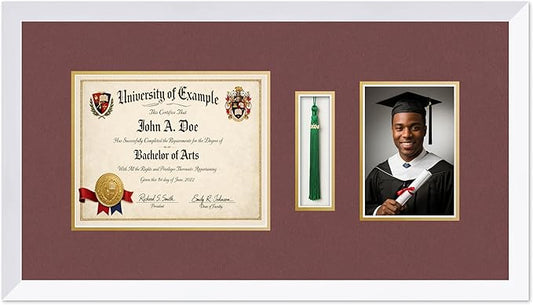 CountryArtHouse Diploma Tassel and Photo Shadowbox Fits 10 x 8 Professional License with Tassel Hook an Bright White Genuine Hardwood with Dark Red Over Metallic Gold Double mat