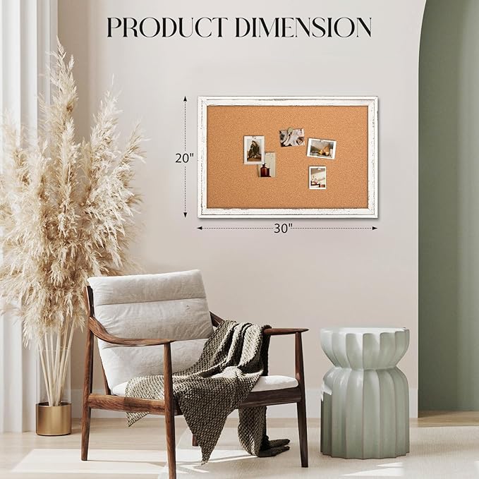 Cork Board Bulletin Board, 30" x 20" Rustic White Wooden Frame Corkboard for Wall, Hanging Vision Board, Pin Board for Home Room Dorm Office Decor