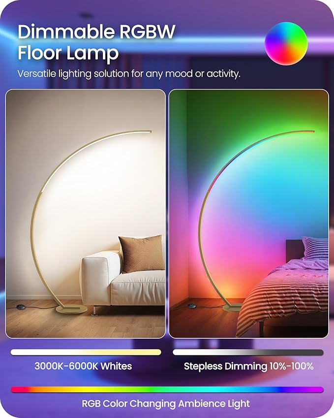 RGBW Floor Lamp, 75 inch Standing Tall Lamp, Dimmable Arc Floor Lamp for Living Room with Foot and Remote Control, 18 DIY Colors, 3000K-6000K White, Color Changing Ambient Light, Gold RD62LD05