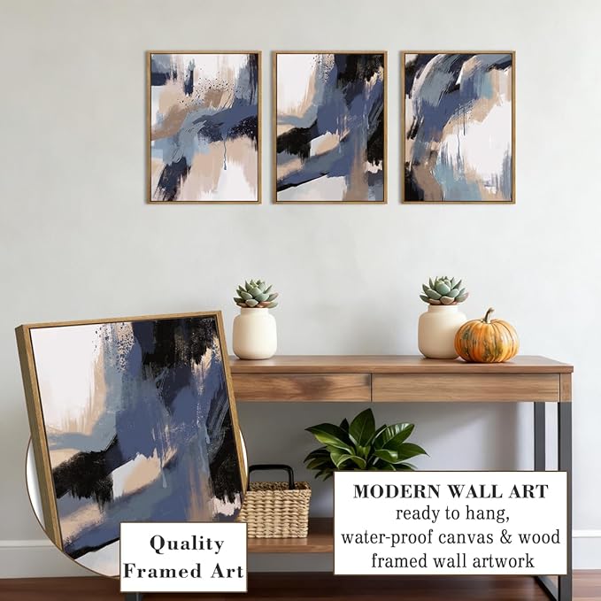 BINCUE Blue Neutral Wall Art Blue Abstract Wall Decor Modern Abstract Artwork for Living Room Bedroom Office 12x16 Inch Set of 3