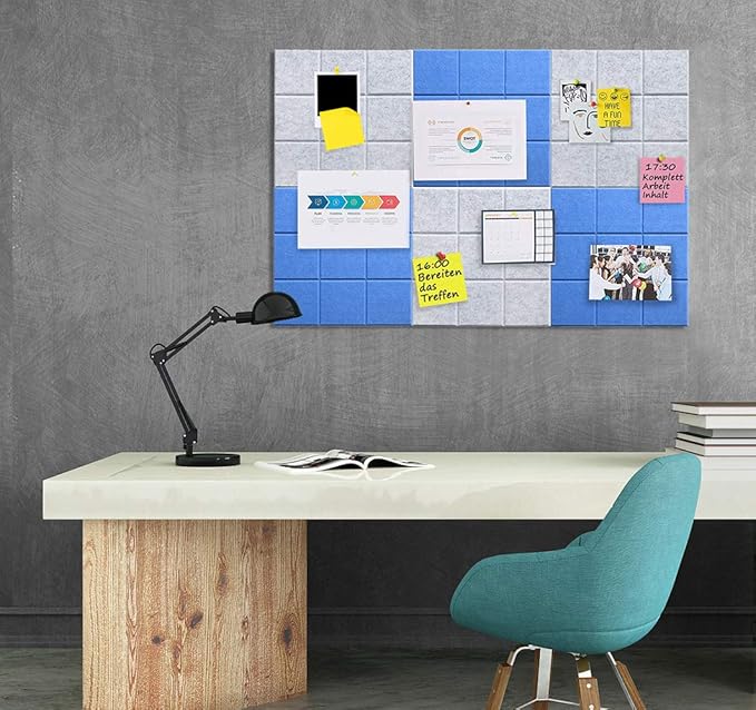 Large Felt Board Tiles for Wall with 30 Push Pins, 11.8"x11.8" Pack of 6 Pin Board Notice Boards for Home Office Kitchen, Bulletin Board Wall Tiles for Photos Memos (Blue+Grey, 6 Pack)