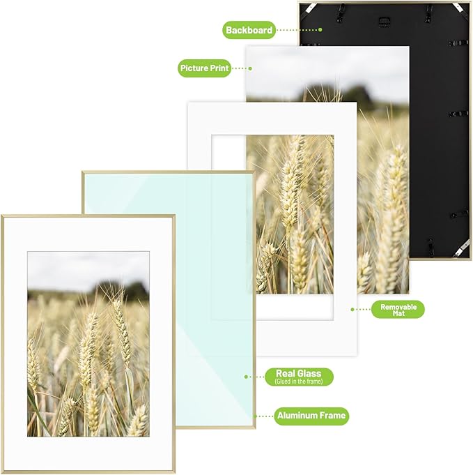 Golden State Art, Gallery Wall Frame Set of 6 - Gold 16x24 Aluminum Photo Frames with Mat for 12x18 Pictures - 16 x 24 inch Metal Frame with Real Glass Cover - Elegant Home or Office Decor