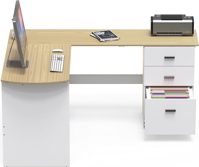 SHW 51 x 59 Inches L-Shaped Home Office Wood Corner Desk with Box Box File Drawers, Oak