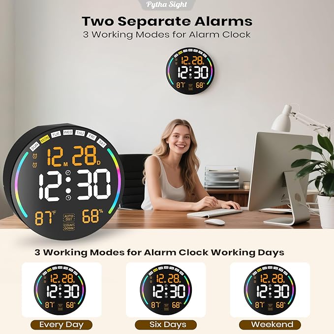 Large Digital Wall Clock with 10.3" LED Display,Alarm,Countdown Timer,DST,Temperature,Humidity,Auto-Dimming,Remote Control,Night Light for Classroom,Bedroom,Living Room,Office,Gym