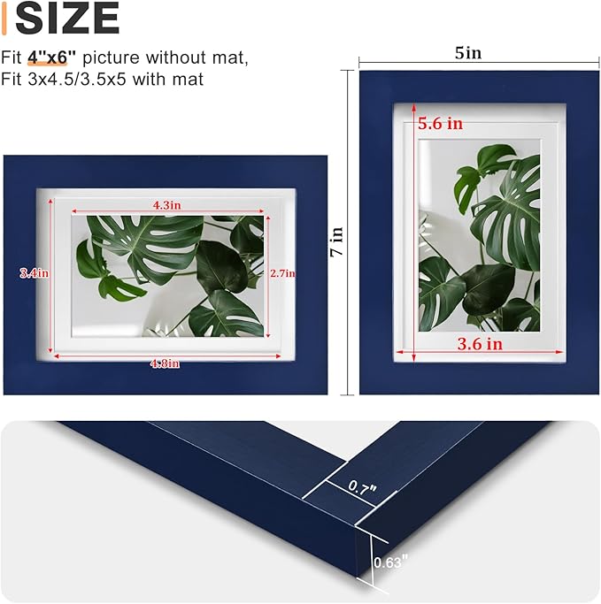 Egofine 4x6 Picture Frames 4PCS Covered by Plexiglass for Picture 3x4.5 and 3.5x5 with Mat or 4x6 whitout Mat Made of Solid Wood for Table Top Display and Wall Mounting Photo Frame, Navy Blue