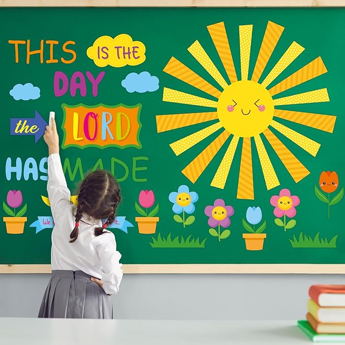 150 Pcs Spring Christian Bulletin Board Set Sunday School Bulletin Board Inspired Religious Classroom Decoration for Teacher Sunday School VBS Bible Church Summer Wall Decor(Bright Colors)