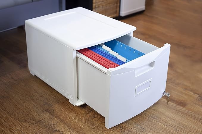 Storex Plastic One-Drawer File Cabinet – Locking Document Organizer for Home and Office, White, 1-Pack (61271A01C)