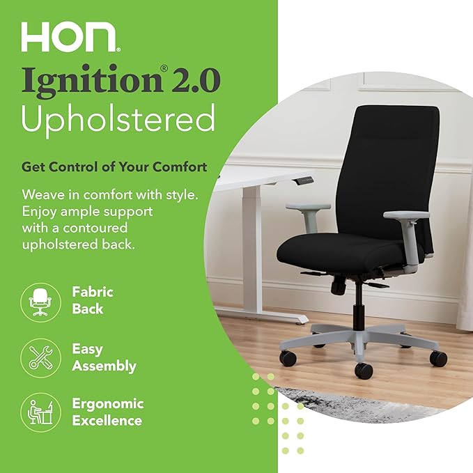 HON Ignition 2.0 Fabric Office Chair, Upholstered, Adjustable Arms, Standard Synchro-Tilt Recline Executive Ergonomic Office Chair, Titanium Frame, Black