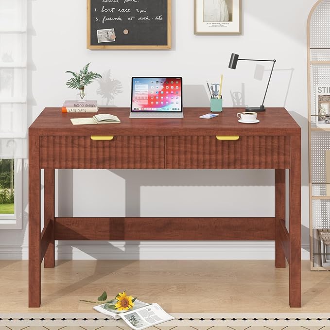 Fluted Computer Desk with 2 Drawers, 39 Inch Small Computer Desk with Storage, Compact Writing Study Desk for Small Spaces, Red Walnut