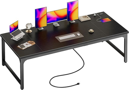 Huuger 71 x 31.5 Inch Desk with Power Outlets & USB-C, 0.95 Inch Thicker Desktop, Robust Metal Tubes, Deep Computer Desk, Heavy Duty Office Desk, Work Desk for Home Office, Black