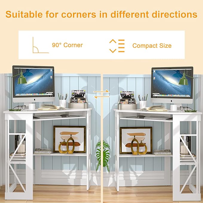 VECELO Corner Computer Desk 41x30 inches with Charging Station & Keyboard & Storage Shelves for Small Space,Triangle Table for Home Office Bedroom,White