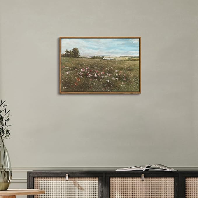OIQArtOIQ Vintage Landscape Framed Wall Art Summer Countryside Wildflower Canvas Art Prints Farmhouse Cottagecore Pictures Wall Decor Rustic Meadow Paintings Artwork For Kitchen Bedroom Living Room
