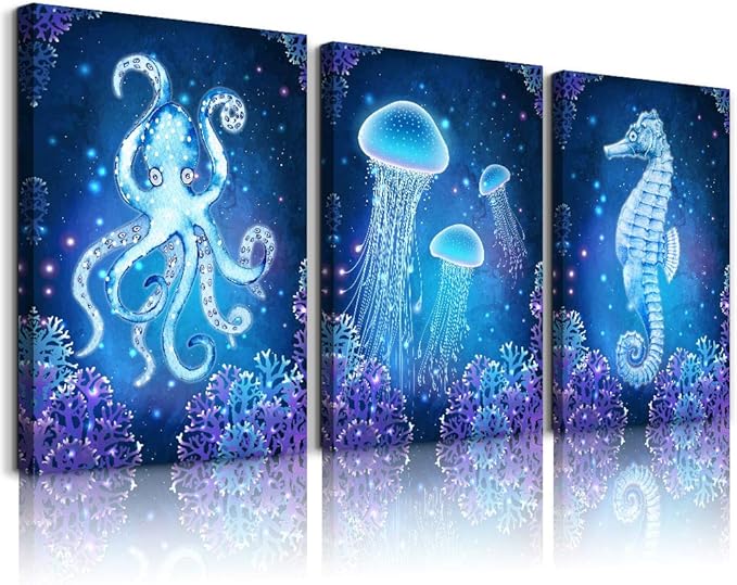 blue Ocean Life Theme Canvas Prints Wall Art Paintings for Living Room Wall Artworks Sea Animal sea horse Octopus jellyfish Pictures Bedroom Decorations 3 Panels Home bathroom Wall decor posters
