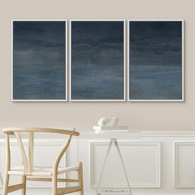 SIGNWIN Framed Canvas Print Wall Art Abstract Blue Landscape Modern Minimalist Navy Blue and Gray Nature Wilderness Modern Art Cool for Living Room, Bedroom, Office - 16"x24"x3 White