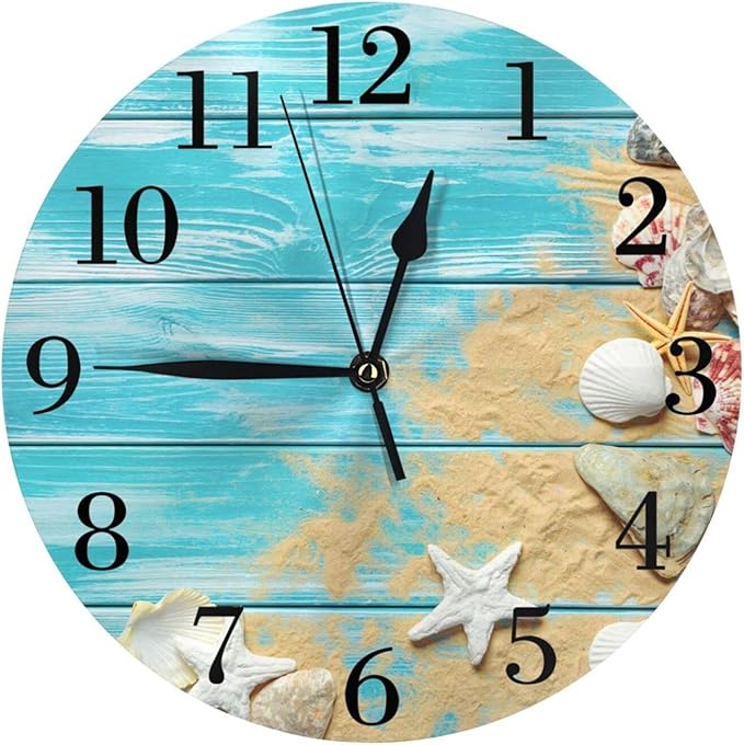 sea Shells Wooden Board Background Wall Clock Battery Operated Silent Round Clock Wall Decor for Home Office School, 12 Inch