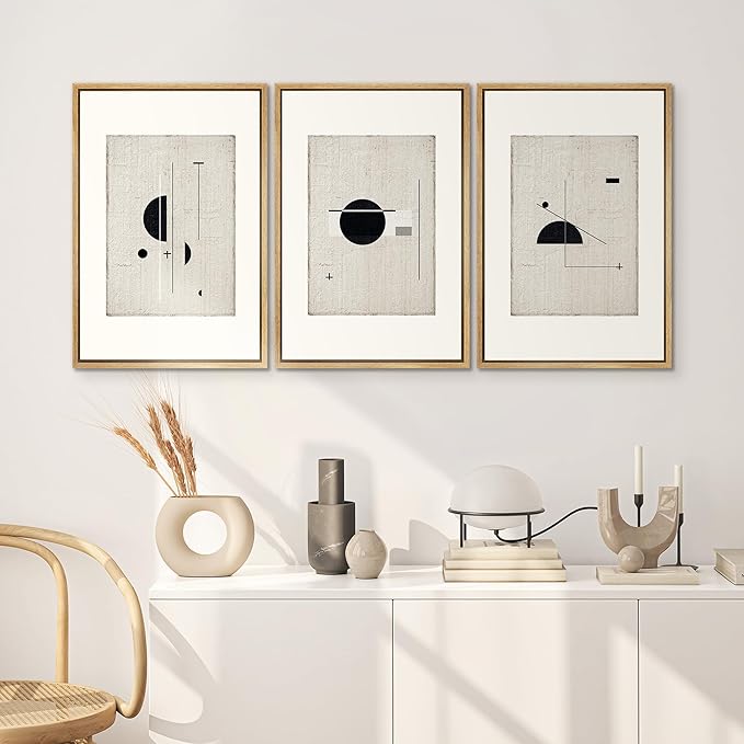 SIGNWIN Framed Canvas Print Wall Art Set Mid-Century Modern Geometric Polygons Abstract Shapes Illustrations Modern Art Decorative Minimal Duotone for Living Room, Bedroom, Office - 24"x36"x3 Natural
