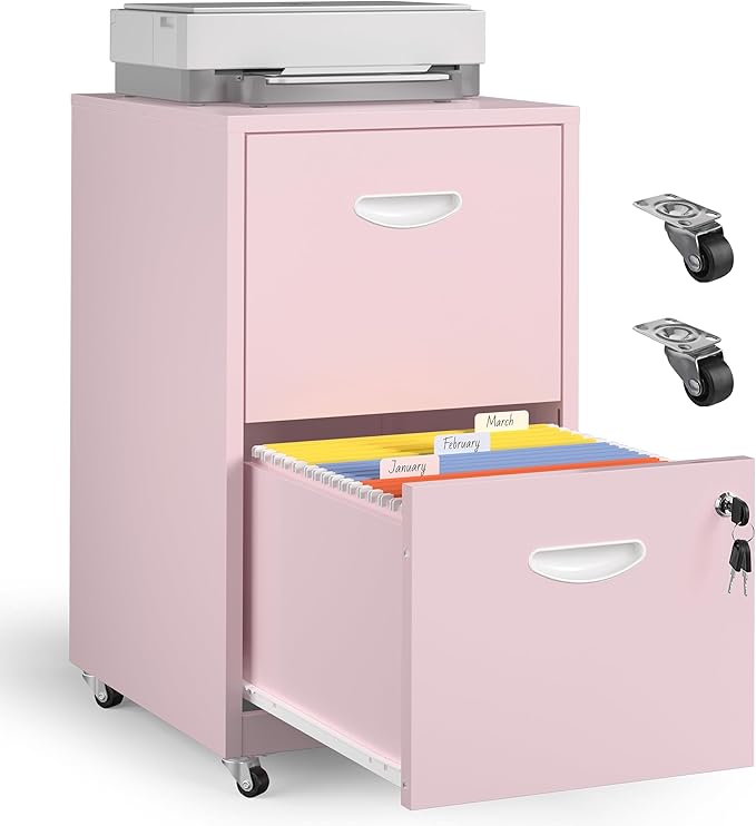 2 Drawer Mobile File Cabinet with Lock, Pink Metal Filing Cabinets with Wheels, Vertical Rolling File Cabinet Fit Hanging Files, Letter and A4 Documents