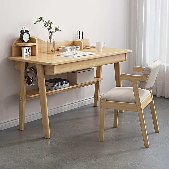 SAZDFY Solid Wood Writing Desk with Drawer and Shelves,Home Office Desk Workstation with Hooks, Modern Work Writing Desk PC Study Table for Small Spaces(80x55x75cm(31x22x30inch), Wood)