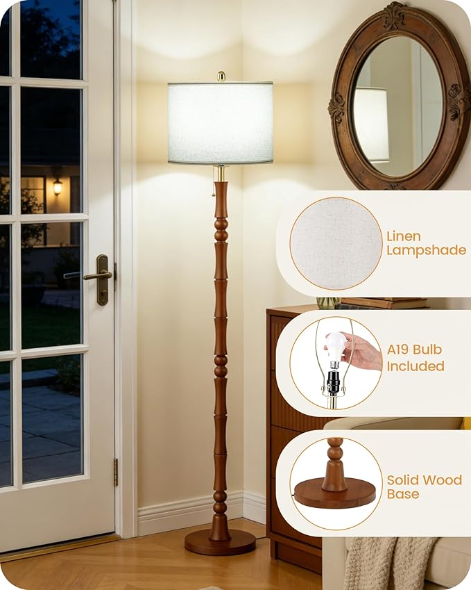 65" Solid Wood Floor Lamps for Living Room with Adjustable Color Temperatures, Farmhouse Floor Lamp with Pull Chain Switch, Tall Standing Lamp for Bedroom, Dining Room, Rustic Brown VE26LD05
