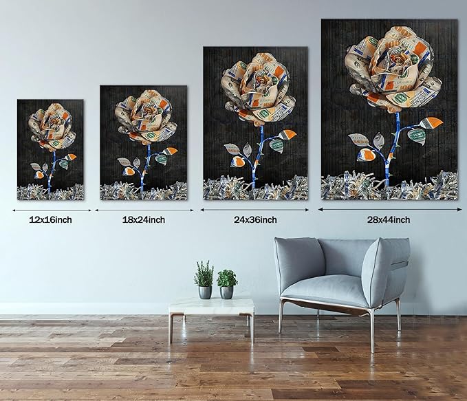 Motivational Wall Art Rose Dollar Bill Design Canvas Print Floral Money Pattern Clipart Picture Inspirational Office Theme Decor Modern Home Art Ready to Hang 18x24 inch