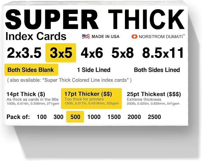500 SUPER THICK index cards / 3"x5" / 17pt (0.017") 130lb / blank un-ruled/archival acid-free