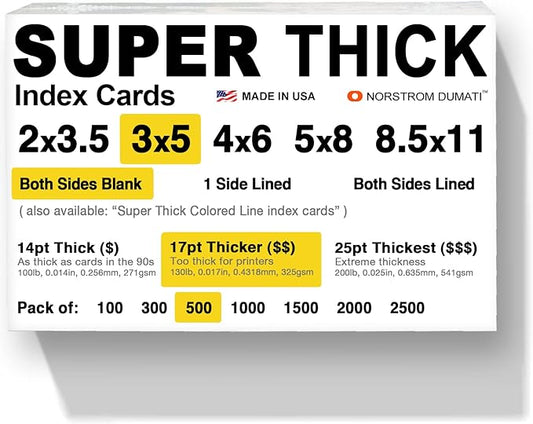 500 SUPER THICK index cards / 3"x5" / 17pt (0.017") 130lb / blank un-ruled/archival acid-free