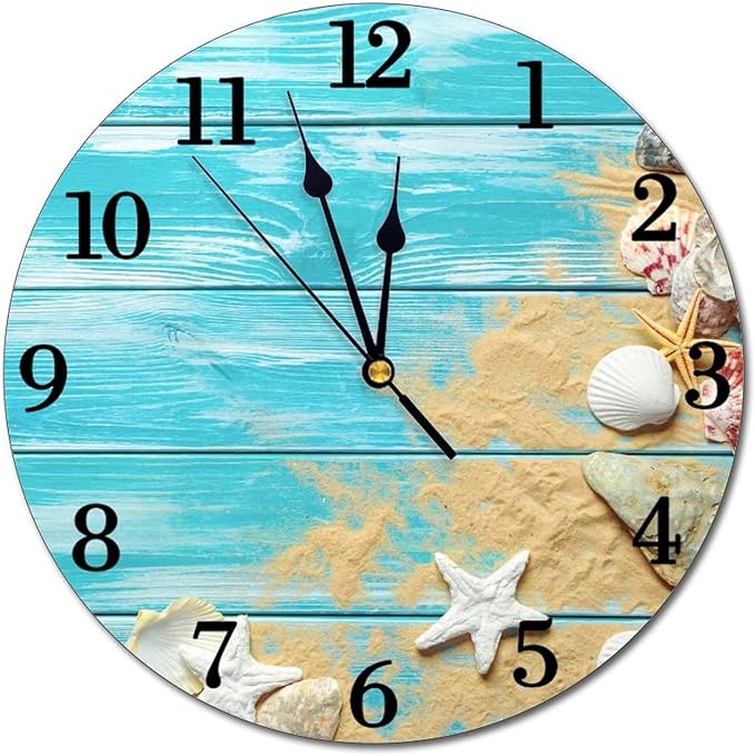 sea Shells Wooden Board Background Wall Clock Battery Operated Silent Round Clock Wall Decor for Home Office School, 12 Inch