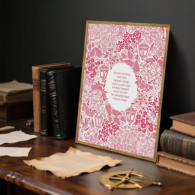 Slow Down You're Doing Fine Music Posters Motivational Quote Pink Wall Art Vintage Floral Positive Daily Reminder Song Lyrics Canvas Print Aesthetic Office Home Decor 24x36inch Golden Framed