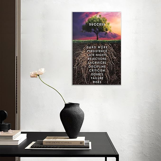 QYHART Success Tree Wall Art HD Printed Pictures Canvas Inspirational Motivation Entrepreneur Quotes Pictures Posters Home Decor Nordic Painting Frame for Living Room Ready to Hang [18''W x 12''H]