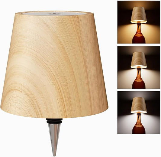 Wireless Bottle Lamp, Wireless Bottle Lamp Shade with 3 Color Temperature, Rechargeable Stepless Dimming LED Wine Bottle Lights for Any Bottle, Desk Lamp for Bedroom Restaurant Bar (Log Color)