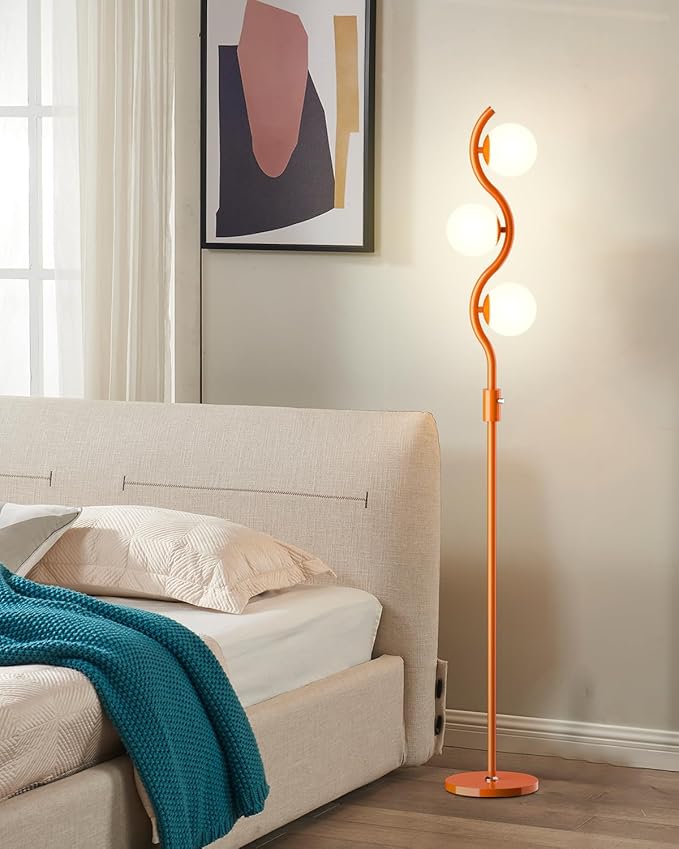 Lightdot 3-Globe Dimmable Floor Lamp Orange Mid Century Modern Standing Lamp with 3PCS 3000K Bulbs Included Stepless Brightness Adjustable Stable Base for Living Room/Bedroom/Sofa Beside/Corner Decor