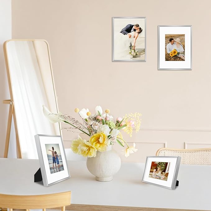 Golden State Art, Gallery Wall Frame Set of 6 - Silver 9x12 Aluminum Photo Frames with Mat for 6x8 Pictures - 9 x 12 inch Metal Frame with Real Glass Cover - Elegant Home or Office Decor
