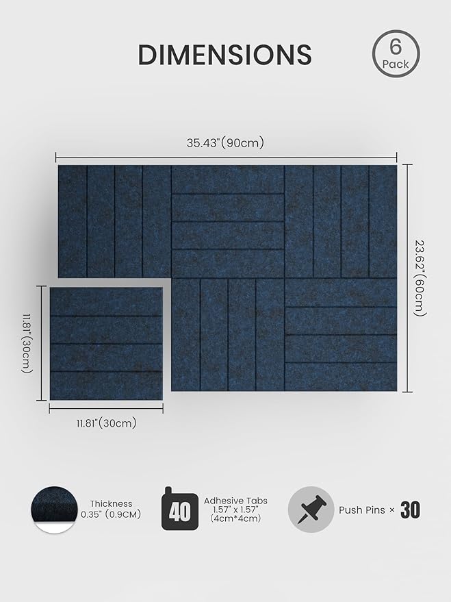 Bumusty Large Cork Board Alternative-36 x 24" Felt Bulletin Board Tiles, with 30 Pushpins, 40 Adhesive Tabs, 6-Pack Slat Wall Paneling, Cork Boards for Office Push Pin Board Felt Board-Carbon Blue