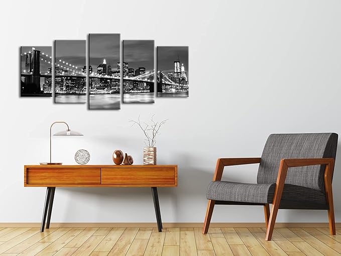 Wieco Art New York Brooklyn Bridge Canvas Wall Art Night View 5 Panels Modern Landscape Artwork Canvas Prints Abstract Pictures to Photo Canvas Wall Decor for Home & Office Decorations