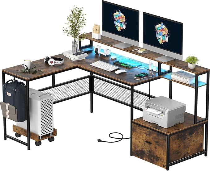 L Shaped Desk with Drawers, 66" Home Office Desk with Power Outlet and Led Strip, Computer Desk with Storage Shelves & Monitor Stand, Large Corner Desk Gaming Desk, Rustic Brown